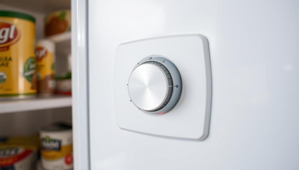 A brightly lit refrigerator interior, with clear visibility of the temperature control dial and settings. The dial is prominently displayed, showing a range of temperature options from the coldest setting to the warmest. The shelves are stocked with various food items, creating a sense of functionality and purpose. The lighting is natural and warm, casting a soft glow over the scene. The camera angle is slightly angled, providing a clean and unobstructed view of the temperature controls. Outdoor Kitchen Picks