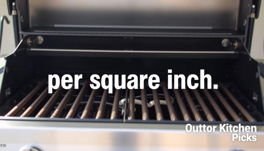 A close-up, highly detailed illustration of "per square inch" against a backdrop of a gas grill. The foreground features the text "per square inch" rendered in a clean, technical typeface, with strong emphasis on the numerical value and the square inch unit. The midground showcases the intricate grill grates, heat distribution elements, and control knobs of a high-quality gas grill, all rendered with precise engineering-like precision. The background subtly fades into a neutral tone, drawing the viewer's attention to the central "per square inch" illustration. The overall mood is one of technical precision and informative clarity, complementing the subject matter. Lighting is natural, with a slightly warm tone to evoke a sense of outdoor cooking. Branding: "Outdoor Kitchen Picks" discreetly placed in the lower right corner. A close-up, highly detailed illustration of "per square inch" against a backdrop of a gas grill. The foreground features the text "per square inch" rendered in a clean, technical typeface, with strong emphasis on the numerical value and the square inch unit. The midground showcases the intricate grill grates, heat distribution elements, and control knobs of a high-quality gas grill, all rendered with precise engineering-like precision. The background subtly fades into a neutral tone, drawing the viewer's attention to the central "per square inch" illustration. The overall mood is one of technical precision and informative clarity, complementing the subject matter. Lighting is natural, with a slightly warm tone to evoke a sense of outdoor cooking. Branding: "Outdoor Kitchen Picks" discreetly placed in the lower right corner.
