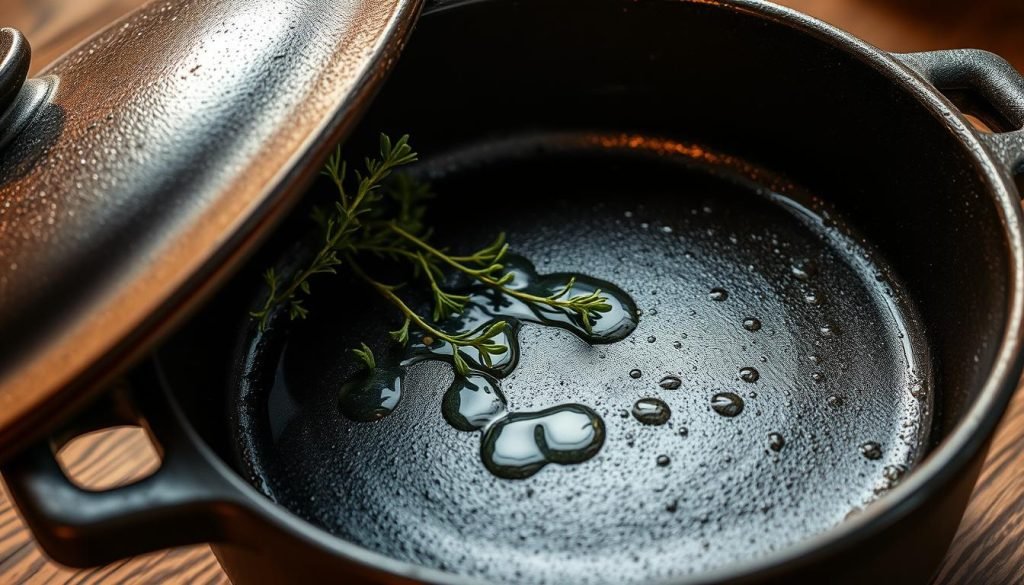 A close-up shot of a well-seasoned cast-iron dutch oven, its dark patina gleaming under warm, soft lighting. The oven's lid is slightly ajar, revealing a few sprigs of fresh thyme nestled inside. Drops of oil gently coat the interior, evidence of the seasoning process. The foreground is in sharp focus, with the oven's intricate details and textures clearly visible. The middle ground features a wooden surface, perhaps a rustic table or countertop, providing a natural, earthy backdrop. The background is subtly blurred, creating a sense of depth and emphasis on the dutch oven as the central subject.