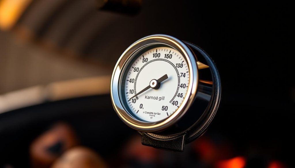 A close-up view of a high-quality kamado grill thermometer, its stainless steel face and chrome-plated bezel gleaming under warm, diffused lighting. The thermometer is mounted on the exterior of a charcoal-fired kamado grill, showcasing its essential role in monitoring and maintaining the perfect cooking temperature for succulent, smoky meats and vegetables. The background is blurred, keeping the focus on the precision instrument and its integral function in the art of kamado grilling.