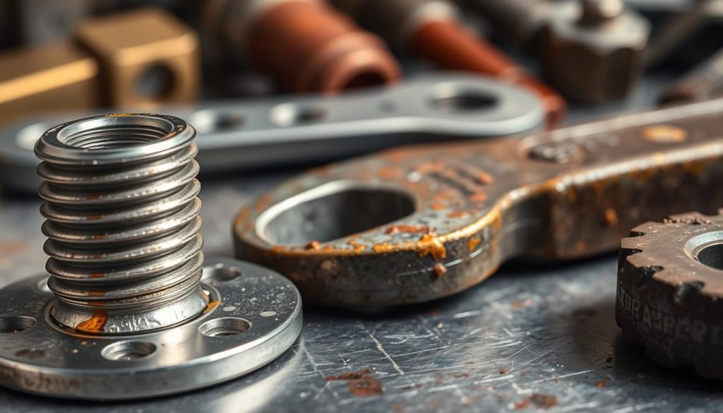 A close-up view of metal surfaces, showcasing various corrosion prevention techniques. In the foreground, a polished steel bolt and washer, with a thin layer of protective oil glistening in the soft, directional lighting. The middle ground features a weathered wrench, its surface treated with a rust-inhibiting sealant, contrasting the pristine hardware. In the background, a collection of tools and hardware, each with a distinct patina, demonstrating the efficacy of regular maintenance and care. The overall scene conveys a sense of technical precision and the importance of proactive measures in preserving the integrity of metal components.