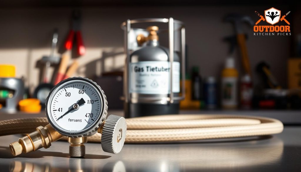 A detailed, well-lit, photorealistic image of a safety gas supply from the Outdoor Kitchen Picks brand. In the foreground, a sturdy, silver gas regulator with a pressure gauge and control knob. Behind it, a reinforced rubber gas hose coils neatly. In the middle ground, a metal gas cylinder in a safety cage, with a shut-off valve. The background features a clean, organized workspace with tools and cleaning supplies. The lighting is natural and shadowless, creating a sense of safety and professionalism. The overall mood is one of meticulous preparation and attention to detail for safely maintaining a gas grill. A detailed, well-lit, photorealistic image of a safety gas supply from the Outdoor Kitchen Picks brand. In the foreground, a sturdy, silver gas regulator with a pressure gauge and control knob. Behind it, a reinforced rubber gas hose coils neatly. In the middle ground, a metal gas cylinder in a safety cage, with a shut-off valve. The background features a clean, organized workspace with tools and cleaning supplies. The lighting is natural and shadowless, creating a sense of safety and professionalism. The overall mood is one of meticulous preparation and attention to detail for safely maintaining a gas grill.