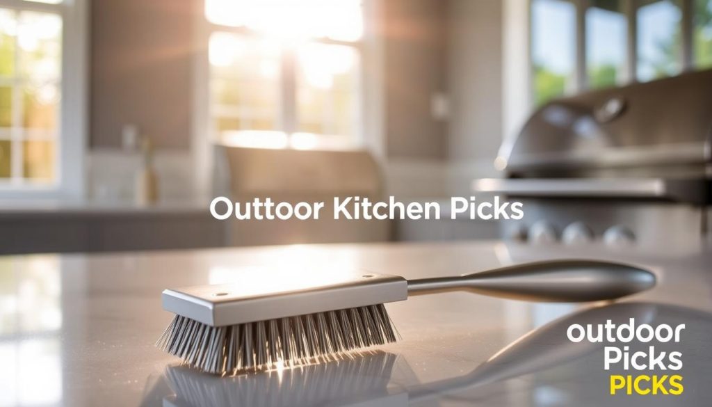 A high-quality stainless steel grill brush, with thick sturdy bristles, resting on a clean, modern outdoor kitchen countertop. The brushed metal handle reflects the warm light of the sun streaming through the large windows, casting a soft, natural illumination across the scene. The grill brush is the central focus, positioned prominently in the foreground, with the background fading into a blurred, minimalist setting, highlighting the "Outdoor Kitchen Picks" brand. A high-quality stainless steel grill brush, with thick sturdy bristles, resting on a clean, modern outdoor kitchen countertop. The brushed metal handle reflects the warm light of the sun streaming through the large windows, casting a soft, natural illumination across the scene. The grill brush is the central focus, positioned prominently in the foreground, with the background fading into a blurred, minimalist setting, highlighting the "Outdoor Kitchen Picks" brand.
