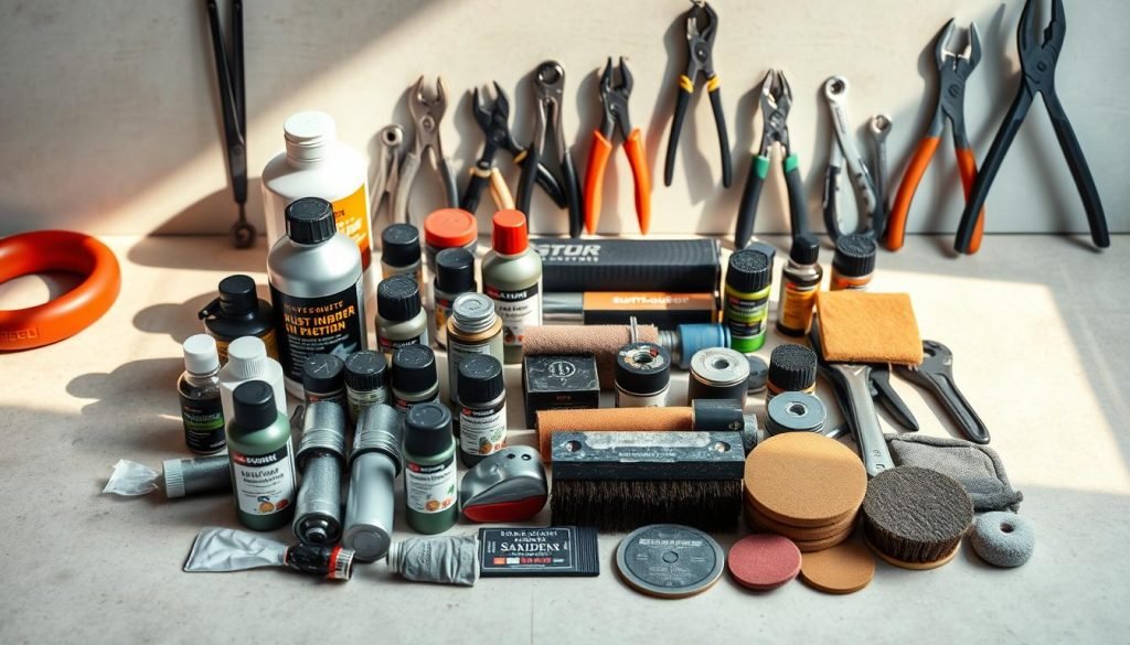 A meticulously arranged collection of rust prevention tools lies on a clean, neutral-toned surface, illuminated by soft, natural lighting. In the foreground, various rust-inhibiting oils, solvents, and protectants are neatly displayed, their containers showcasing sleek, minimalist designs. The midground features an assortment of steel brushes, sandpaper, and polishing pads, their textures and materials clearly visible. In the background, a selection of high-quality tools, such as pliers, wrenches, and screwdrivers, stands ready to assist in the maintenance and repair of outdoor gear. The overall composition conveys a sense of order, functionality, and dedication to the preservation of valued equipment.