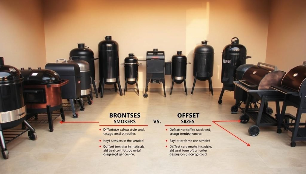 A meticulously arranged display of various smokers, showcasing their distinct styles, sizes, and price points. The foreground features an array of vertical and offset smokers in different materials, sizes, and price ranges, inviting the viewer to compare and contrast their features. The middle ground highlights the key differences between the two types, with detailed callouts and annotations. The background presents a serene, softly lit environment, emphasizing the thoughtful curation of this comparative scene. Warm, natural lighting casts gentle shadows, creating depth and dimension. The overall composition is balanced and visually compelling, guiding the viewer's attention to the essential details needed to make an informed decision.
