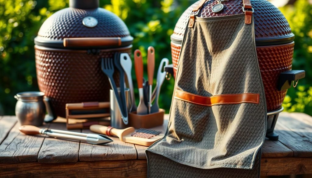 A meticulously crafted still life of kamado grill accessories arranged on a rustic wooden table, bathed in warm natural lighting. In the foreground, a high-quality apron with a woven texture and leather accents hangs neatly. In the middle ground, tongs, a barbecue brush, and other essential tools are carefully positioned. The background features a backdrop of lush greenery, hinting at an outdoor setting perfect for the kamado grill master. The overall composition exudes a sense of craftsmanship, attention to detail, and the passion for outdoor cooking.