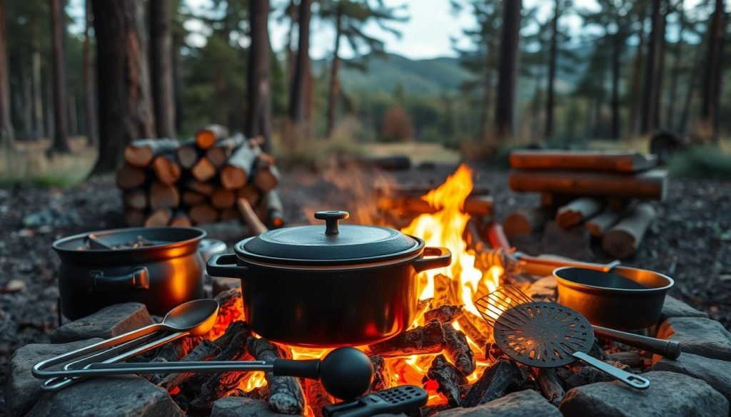 A rustic outdoor cooking scene with a central cast iron Dutch oven, surrounded by a collection of cooking tools and accessories. The oven is placed atop a bed of glowing embers, illuminating the scene with a warm, natural glow. In the foreground, various cooking utensils, such as tongs, ladles, and a camp trivet, are neatly arranged, suggesting the preparation of a hearty outdoor meal. In the middle ground, a stack of seasoned logs and a small campfire provide the necessary heat sources for the Dutch oven cooking. The background features a serene, wooded landscape, with tall trees and a hint of a blue sky peeking through, creating a peaceful and tranquil atmosphere. Realistic lighting, textures, and details capture the authentic experience of Dutch oven cooking in the great outdoors.