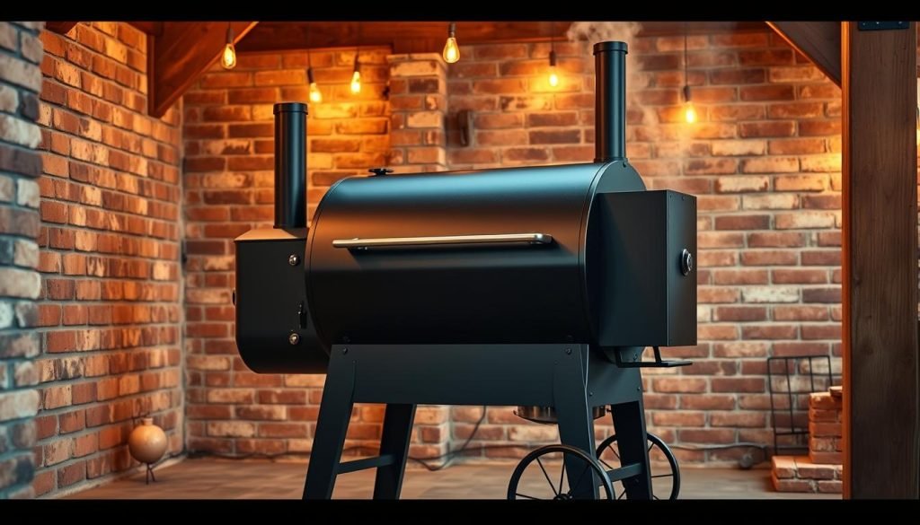 A sleek, modern offset smoker design set against a rustic, industrial backdrop. The smoker's body is crafted from heavy-duty steel, with a matte black finish that exudes a sophisticated, minimalist aesthetic. The offset firebox is positioned to the side, allowing for controlled heat and smoke flow. Warm, ambient lighting casts a cozy glow, highlighting the smoker's clean lines and polished accents. The scene is framed by weathered brick walls and wooden beams, creating a harmonious blend of old and new. This offset smoker design effortlessly complements both traditional and contemporary outdoor living spaces, offering both functional performance and visually appealing style.