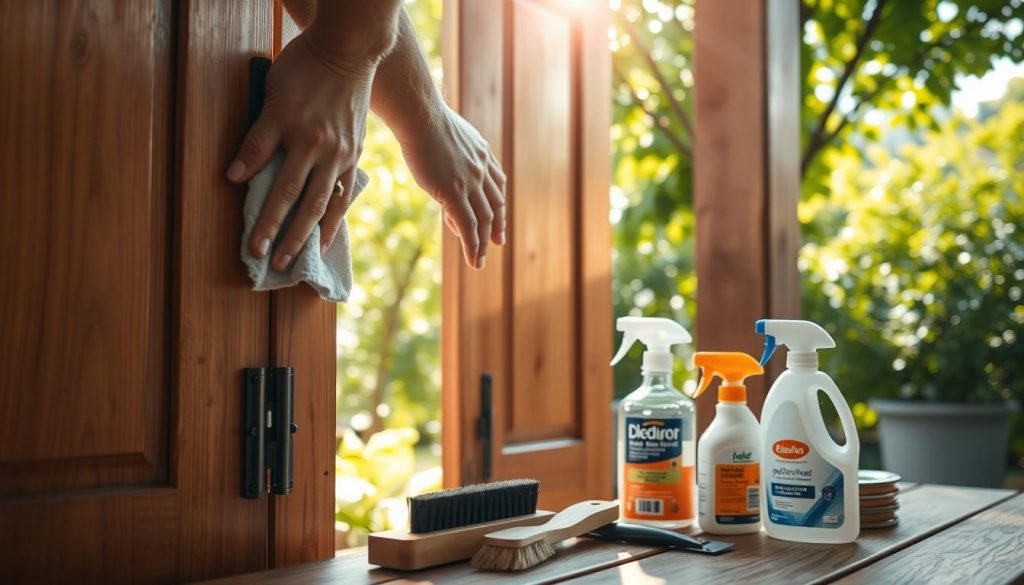 A well-lit outdoor scene showcasing the proper maintenance of a wooden cabinet. In the foreground, a person is gently wiping down the cabinet surface with a soft cloth, removing any accumulated dirt or debris. The cabinet's hinges and hardware are visible, with the person inspecting them for any signs of wear or rust. In the middle ground, various cleaning tools and products, such as a brush and a mild wood cleaner, are neatly arranged. The background features a lush, verdant garden, with sunlight filtering through the leaves and creating a warm, inviting atmosphere. The scene conveys the importance of regular maintenance to ensure the longevity and aesthetic appeal of outdoor cabinets. A well-lit outdoor scene showcasing the proper maintenance of a wooden cabinet. In the foreground, a person is gently wiping down the cabinet surface with a soft cloth, removing any accumulated dirt or debris. The cabinet's hinges and hardware are visible, with the person inspecting them for any signs of wear or rust. In the middle ground, various cleaning tools and products, such as a brush and a mild wood cleaner, are neatly arranged. The background features a lush, verdant garden, with sunlight filtering through the leaves and creating a warm, inviting atmosphere. The scene conveys the importance of regular maintenance to ensure the longevity and aesthetic appeal of outdoor cabinets.