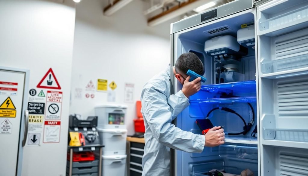 A well-lit, spacious refrigerator repair workshop with a focus on safety considerations. In the foreground, a professional technician in a clean, protective uniform meticulously inspects the inner components of an "Outdoor Kitchen Picks" refrigerator, using specialized tools and a magnifying glass. The middle ground showcases a variety of safety signage, including warning labels, electrical hazard symbols, and instructions for proper handling of refrigerant. In the background, a neatly organized workbench displays a range of replacement parts and a toolbox, creating an atmosphere of diligence and attention to detail. The overall scene conveys a sense of expertise, caution, and the importance of entrusting refrigerator repairs to qualified professionals.