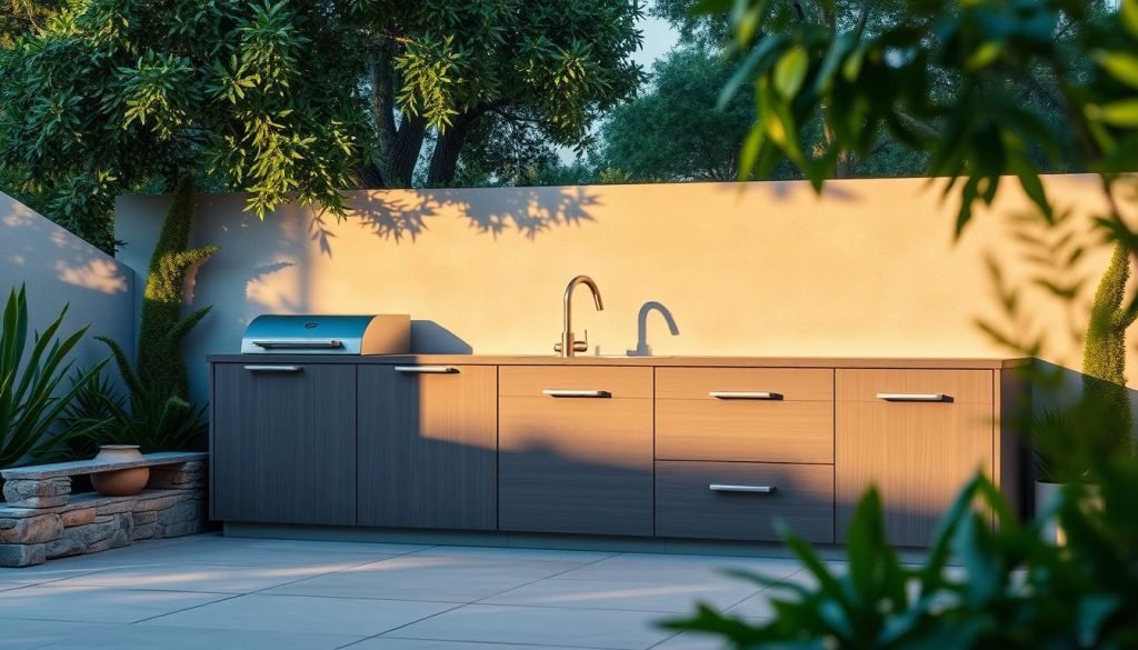 Outdoor cabinets made of marine-grade polymer, with a matte finish and subtle wood-grain texture. The cabinets are arranged in a well-lit, partially shaded outdoor setting, surrounded by lush greenery and natural stone accents. The lighting is soft and diffused, creating a warm, inviting atmosphere. The cabinets are positioned at an angle, showcasing their sleek, modern design and durable construction. The scene conveys a sense of weatherproofing, longevity, and harmony with the natural environment. Outdoor cabinets made of marine-grade polymer, with a matte finish and subtle wood-grain texture. The cabinets are arranged in a well-lit, partially shaded outdoor setting, surrounded by lush greenery and natural stone accents. The lighting is soft and diffused, creating a warm, inviting atmosphere. The cabinets are positioned at an angle, showcasing their sleek, modern design and durable construction. The scene conveys a sense of weatherproofing, longevity, and harmony with the natural environment.