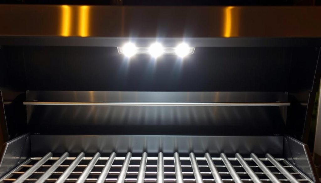 A close-up view of a modern grill, illuminated by a row of bright LED task lights mounted underneath the grill hood. The LEDs emit a warm, inviting glow that casts a soft, even light across the grill surface, highlighting the texture of the metal grates. The lights are encased in a sleek, minimalist housing that blends seamlessly with the grill's design. The background is slightly blurred, focusing the viewer's attention on the task lighting and its practical, functional purpose. The overall scene conveys a sense of nighttime grilling, where the LED lights provide essential illumination for safe and efficient meal preparation. A close-up view of a modern grill, illuminated by a row of bright LED task lights mounted underneath the grill hood. The LEDs emit a warm, inviting glow that casts a soft, even light across the grill surface, highlighting the texture of the metal grates. The lights are encased in a sleek, minimalist housing that blends seamlessly with the grill's design. The background is slightly blurred, focusing the viewer's attention on the task lighting and its practical, functional purpose. The overall scene conveys a sense of nighttime grilling, where the LED lights provide essential illumination for safe and efficient meal preparation.