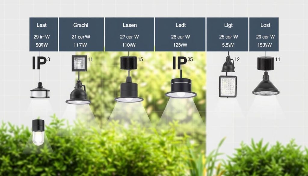 A meticulously detailed diagram showcasing the IP (Ingress Protection) weather ratings for various outdoor lighting fixtures. The foreground features a collection of lighting units in different shapes and sizes, each labeled with their corresponding IP code. The middle ground depicts a natural outdoor setting with lush greenery, conveying a sense of the lighting's intended use. The background is a clean, minimalist layout with a subtle grid pattern, emphasizing the technical nature of the information. The lighting is crisp and evenly distributed, illuminating the diagram with a professional, instructional feel. The overall tone is one of informative clarity, guiding the viewer through the key considerations for selecting weather-resistant outdoor lighting. A meticulously detailed diagram showcasing the IP (Ingress Protection) weather ratings for various outdoor lighting fixtures. The foreground features a collection of lighting units in different shapes and sizes, each labeled with their corresponding IP code. The middle ground depicts a natural outdoor setting with lush greenery, conveying a sense of the lighting's intended use. The background is a clean, minimalist layout with a subtle grid pattern, emphasizing the technical nature of the information. The lighting is crisp and evenly distributed, illuminating the diagram with a professional, instructional feel. The overall tone is one of informative clarity, guiding the viewer through the key considerations for selecting weather-resistant outdoor lighting.